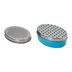 A grater with two different-sized grates and a lid to store extras.